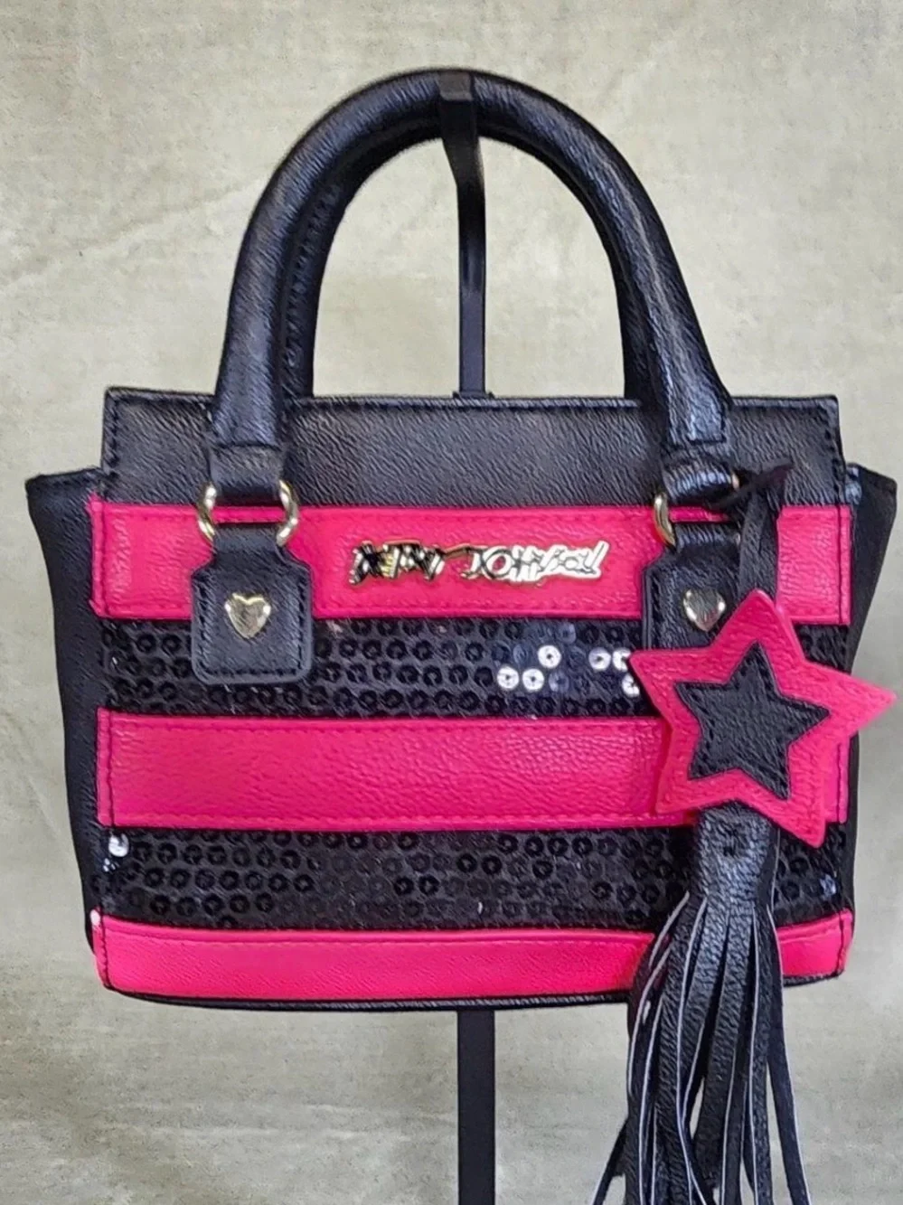 Betsey Johnson Black & Hot Pink Striped Tote with Star Tassel